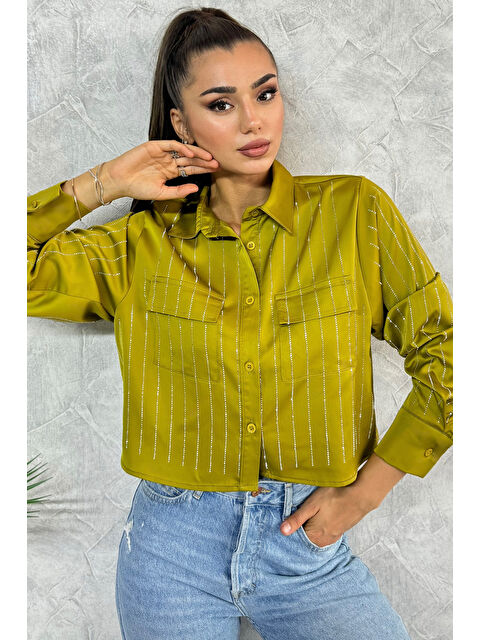 Gülseli Çift Cepli Taşlı Kadın Saten Gömlek - S000299649-18194
