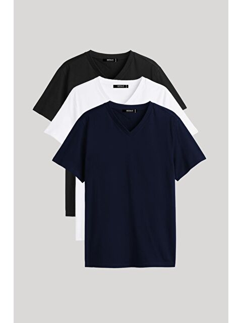 Mmetalic Erkek Çok Renkli %100 Pamuk TişörtRegular Fit Rahat Kesim V Yaka 3'lü Basic %100 Pamuk Tişört Paketi - S000236699-21164