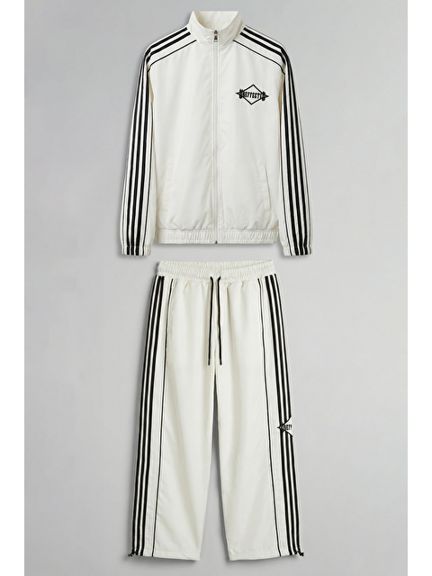 Abluka Online Erkek Relaxed Fit Şeritli Spor Eşofman Takımı Ekru - S000515195-19965
