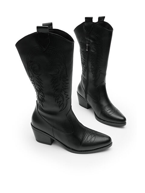 TONNY BLACK Kadın Siyah Cilt Termo Taban Nakış İşlemeli Fermuarlı Topuklu Western Kovboy Bot - S000493945-14430