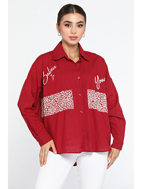 Gülseli Leopar Baskılı Yazlık Salaş Kadın Keten Gömlek - S000299666-19951