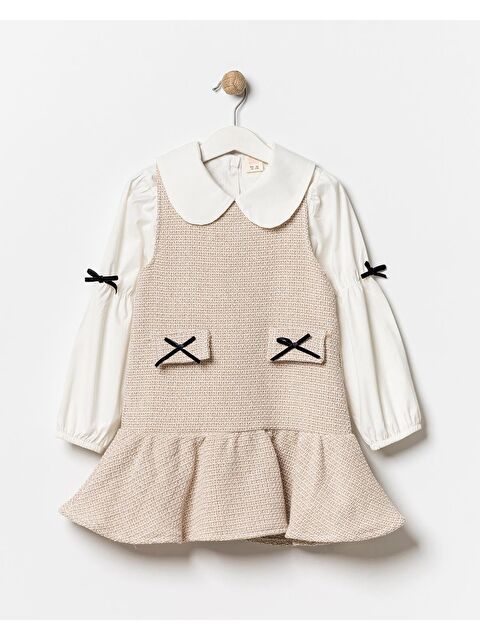 Magu Kız Çocuk Pamuklu Bej Gömlek Yaka Elbiseli 2 Parça Elbise - S000505650-19928