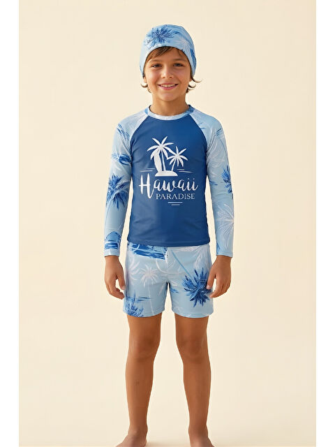 Modanino Erkek Çocuk 3'lü Mayo Takımı (Şort+Uzun Kol Üst+Bone) 3-12 Yaş 12594B