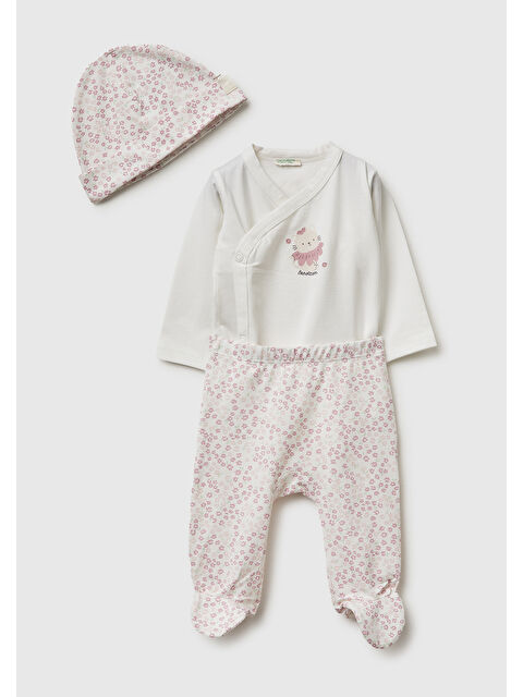United Colors Of Benetton Bebek Ekru Baskılı Body Tayt Şapkalı 3'lü Takım