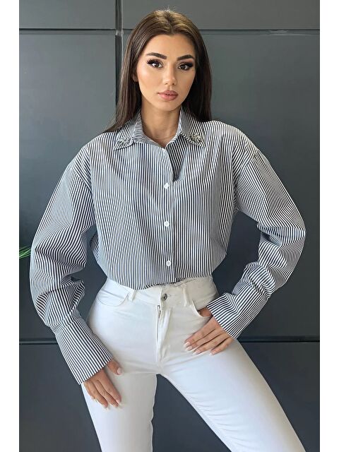 Gülseli Yaka Taş Detaylı Çizgi Desenli Kadın Gömlek - S000299675-19351