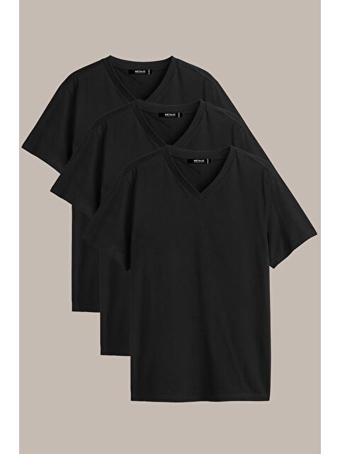 Mmetalic Erkek Çok Renkli %100 Pamuk TişörtRegular Fit Rahat Kesim V Yaka 3'lü Basic %100 Pamuk Tişört Paketi - S000236699-19351