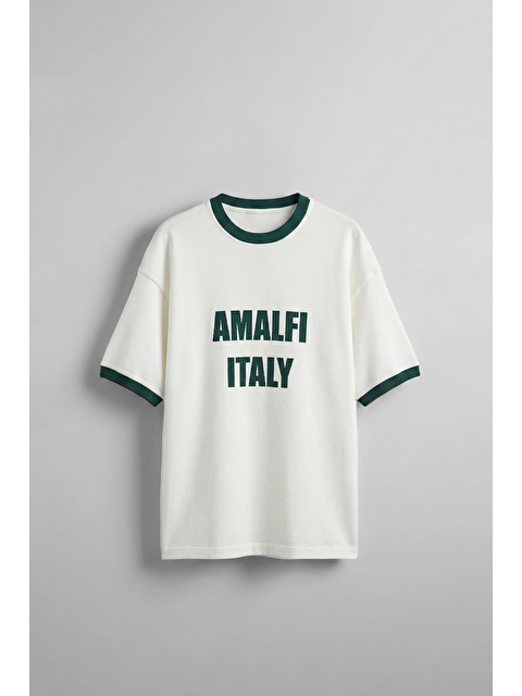 Abluka Online Erkek Oversize Şehir Serisi Kontrast Yaka T-Shirt Ekru / Yeşil - S000512662-5409