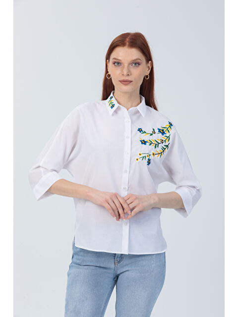 Pera Moda Çiçek Nakışlı Yarım Kol Gömlek - S000315527-20063