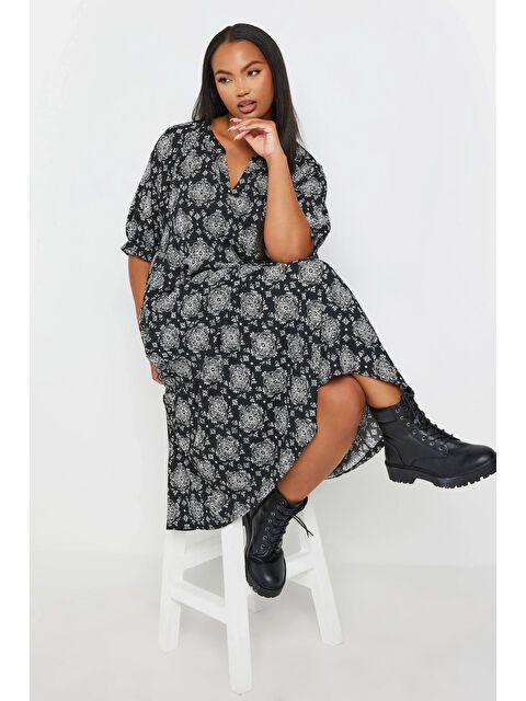 Stil Diva Büyük Beden V Yaka Kısa Kollu Midi Kesim Desenli Elbise137990 - S000297082-19351