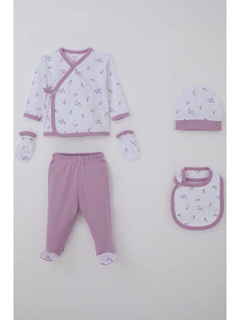 Breeze Kız Bebek Hastane Çıkışı 5 Li Çiçek & Yazı Desenli Beyaz (0-3 Ay)