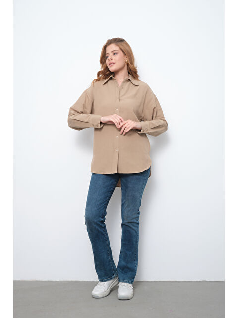 Pera Moda Nakışlı Keten Pamuk Oversize Kumaş Uzun Kollu Gömlek - S000315537-4557