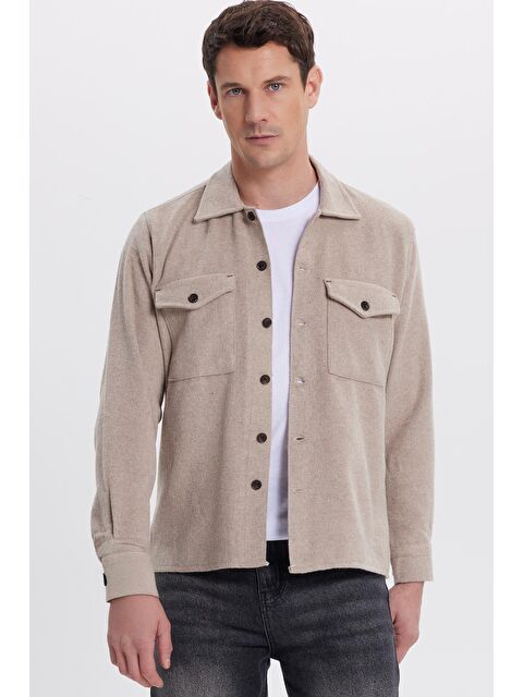 TUDORS Erkek Regular Fit Rahat Kesim Çift Cep  Kapaklı Çıtçıtlı Vizon Gömlek - S000520093-26429