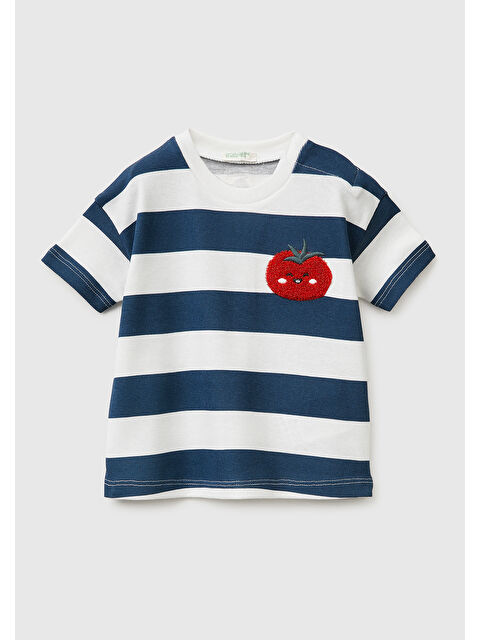 United Colors Of Benetton Bebek Lacivert-Krem Omzu Gizli Çıtçıtlı Domates Desenli Yuvarlak Yaka T-Shirt