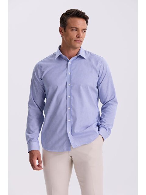 JAKAMEN Lacivert Comfort Fit Ütü Gerektirmeyen %100 Pamuk Çizgili Non İron Gömlek - S000495838-21164