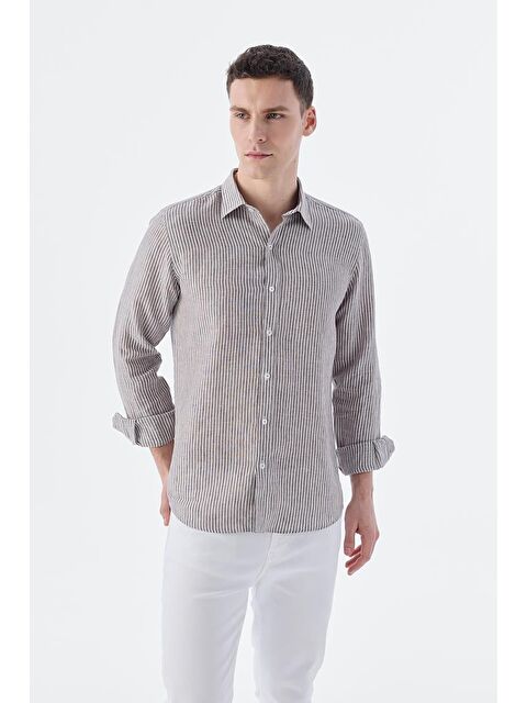 JAKAMEN Kahve Comfort Fit Çizgilli %100 Keten Gömlek - S000495842-19413