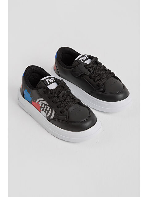 TONNY BLACK Çocuk Unisex Siyah Kırmızı EVA Faylon Taban Desenli Bağcıklı ve Cırtlı Spor Ayakkabı - S000493919-37434