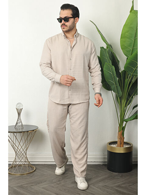 Comstar Erkek Trend Keten Gömlek Baggy Eşofman Krem İkili Takım