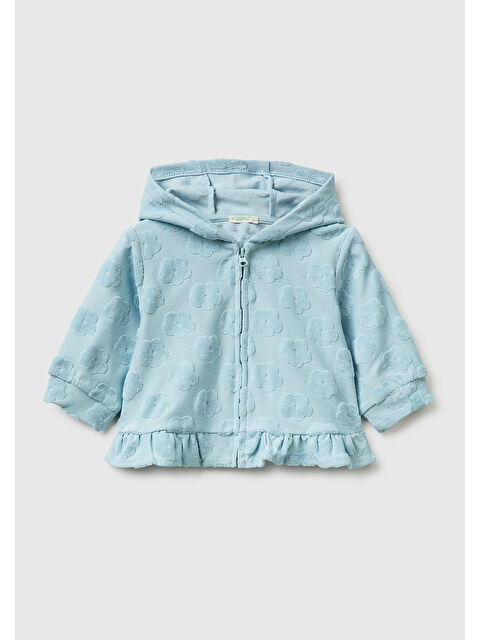 United Colors Of Benetton Bebek Açık Mavi Çiçek Desenli Etek Ucu Fırfırlı Kapüşonlu Jakarlı Sweatshirt