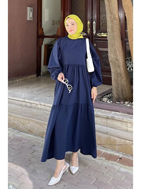 Lamelif Balon Kol Katlı Yazlık Elbise Lacivert - S000515205-21164
