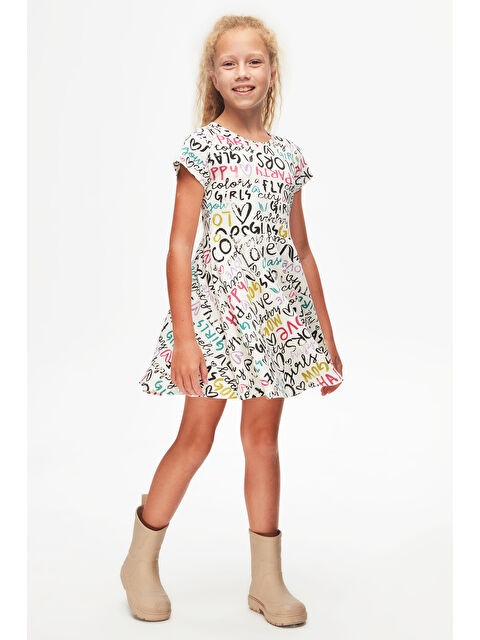 Lovetti Ekru Kız Çocuk Glasgow Desen Kısa Kol Kloşe Etek Elbise - S000287204-19965