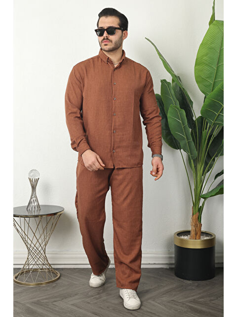 Comstar Erkek Trend Keten Gömlek Baggy Eşofman Kahve İkili Takım