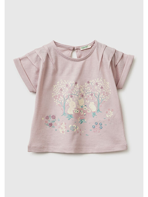 United Colors Of Benetton Bebek Gül Kurusu Su Bazlı Baskılı İşlemeli Arkası Düğmeli Kimono Kol T-Shirt