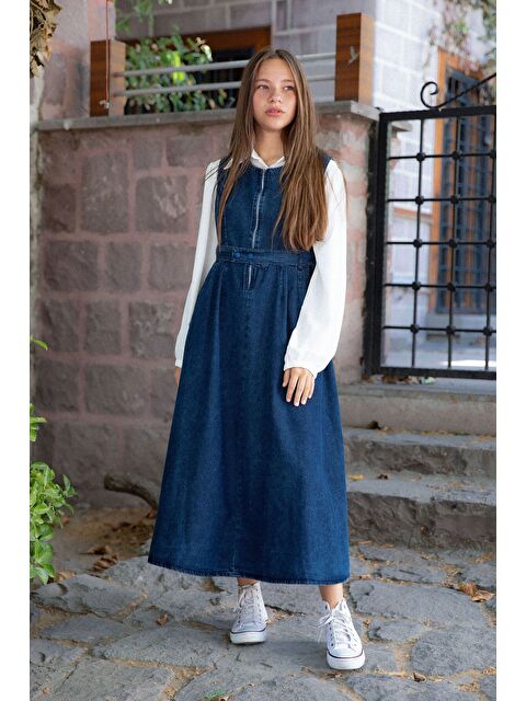 Cansın Mini Mavi Önü Fermuarlı Klasik Gömlekli Kız Çocuk Kuşaklı Jean Elbise 22737 - S000447529-17234