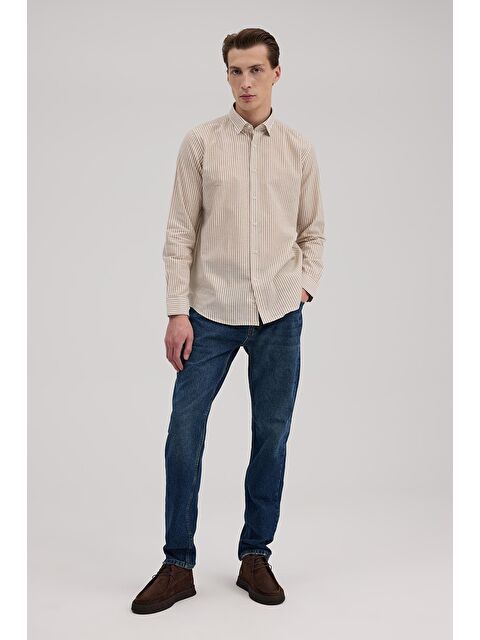 JAKAMEN Taba Comfort Fit Keten Karışımlı Çizgili Gömlek - S000495847-14955