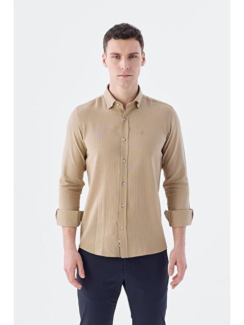 JAKAMEN Camel Comfort Fit Düğmeli Yaka Esnek Kumaş Pamuklu Gömlek - S000495851-4557