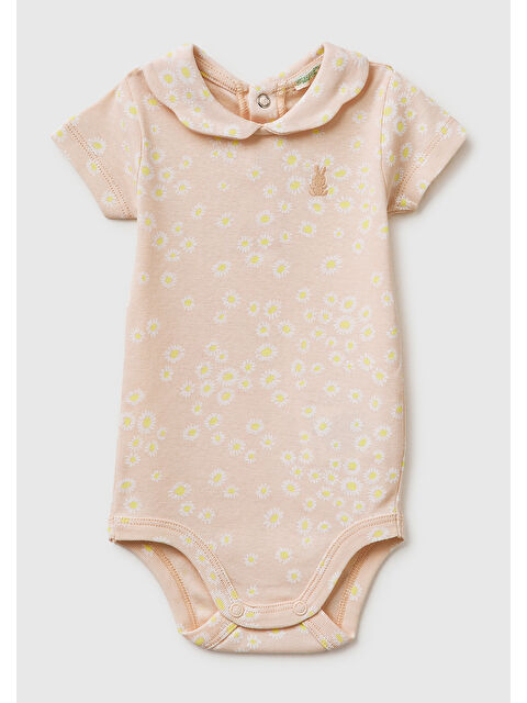 United Colors Of Benetton Bebek Krem Tamamı Desenli Fırfır Yaka Detaylı Çıtçıtlı Kısa Kollu Body