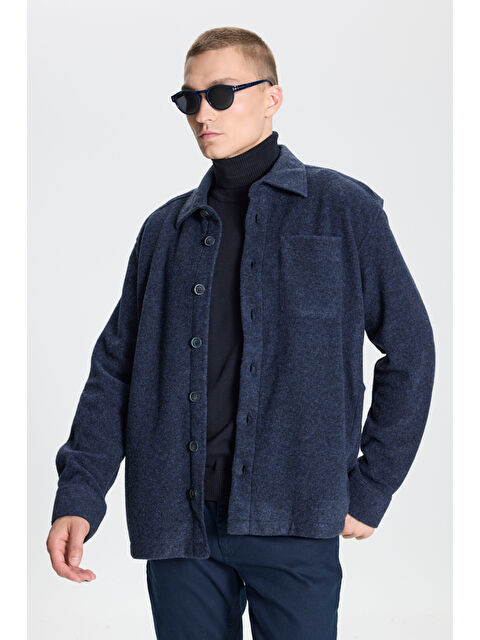 Altınyıldız Classics Erkek Lacivert Oversize Geniş Kesim Klasik Yaka Yünlü Kırçıl Desenli Flanel Gömlek Ceket - S000403468-21164