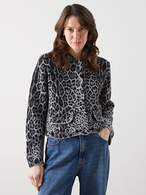 Dexia Braga   Gömlek Yaka Cep Detaylı Leopar Desen Triko Hırka   Leopar Renk - S000342804-19351