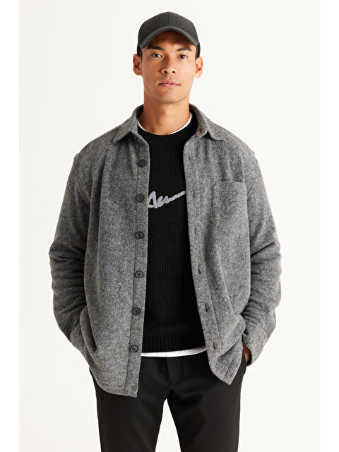 Altınyıldız Classics Erkek Gri Oversize Geniş Kesim Klasik Yaka Yünlü Kırçıl Desenli Flanel Gömlek Ceket - S000403468-20600