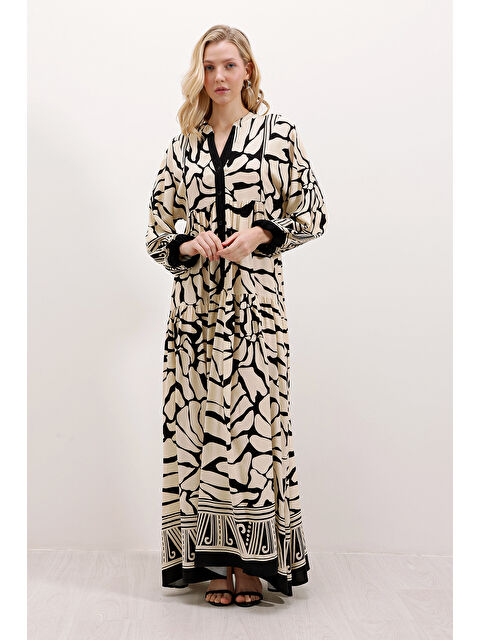 Bigdart 2423 Otantik Desenli Tesettür Elbise - C.Siyah - S000089420-5300