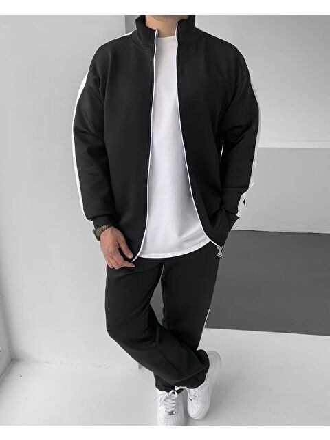 Comstar Erkek Çizgili Fermuarlı Sweatshirt Bol Eşofman Siyah İkili Takım