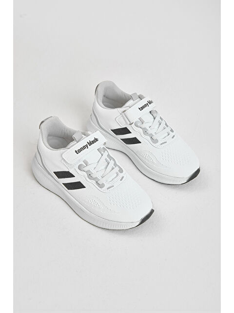 TONNY BLACK Çocuk Unisex Beyaz Siyah Eva Taban Yanı Şeritli File Detaylı Cırtlı Spor Ayakkabı - S000493925-37246