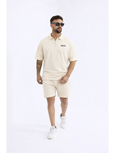 Comstar Erkek Polo Yaka Tişört Bol Şort Krem Yazlık İkili Takım