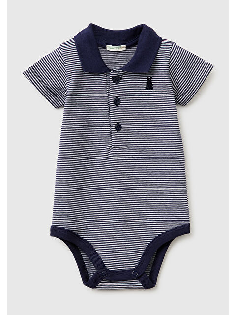 United Colors Of Benetton Bebek Lacivert Göğsü Logolu Çizgili Polo Yaka Çıtçıtlı Kısa Kollu Body
