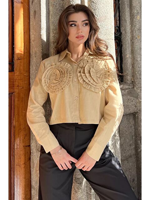 Gülseli Çiçekli Keten Crop Top Gömlek - S000299692-19928