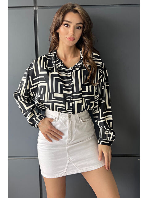 Gülseli Desenli Oversize Saten Gömlek - S000299690-19351