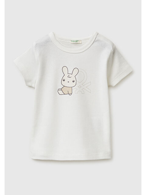 United Colors Of Benetton Bebek Beyaz Baskılı Omzu Çıtçıtlı Ribanalı Kısa Kollu T-Shirt