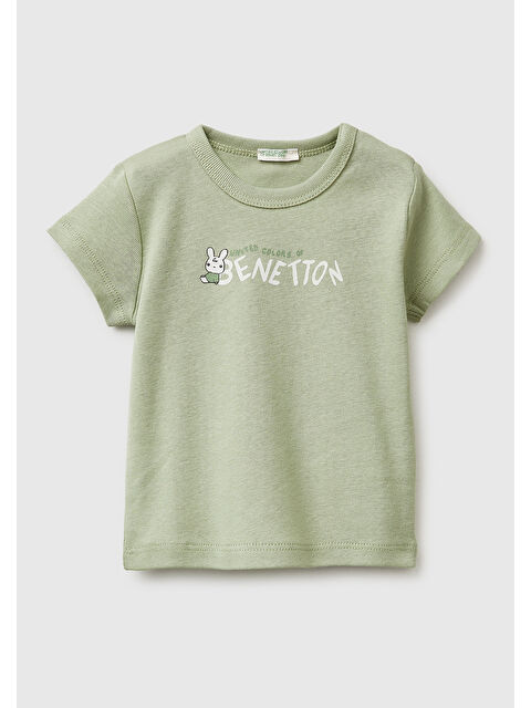 United Colors Of Benetton Bebek Adaçayı Yeşili Baskılı Omzu Çıtçıtlı Ribanalı Kısa Kollu T-Shirt