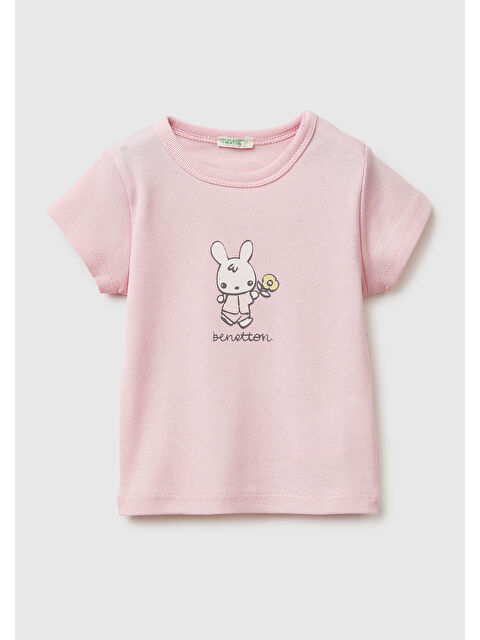 United Colors Of Benetton Bebek Toz Pembe Baskılı Omzu Çıtçıtlı Ribanalı Kısa Kollu T-Shirt