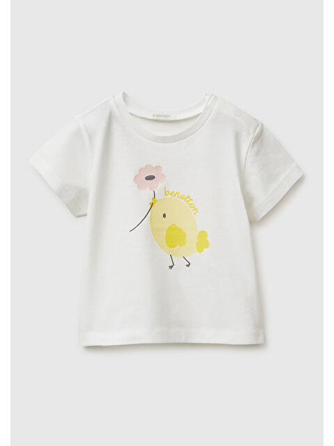 United Colors Of Benetton Bebek Beyaz Omzu Gizli Çıtçıtlı Baskılı Kısa Kollu T-Shirt