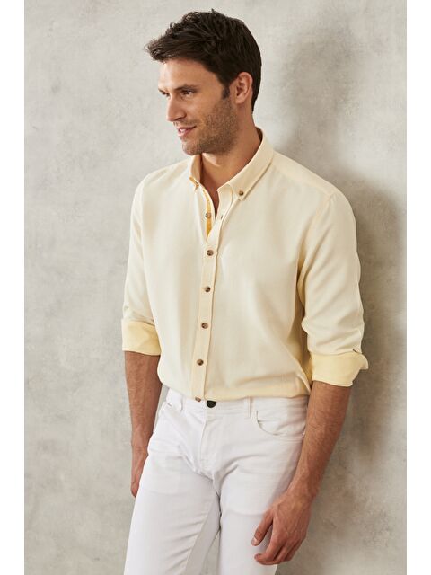 Altınyıldız Classics Erkek Sarı Slim Fit Dar Kesim Düğmeli Yaka Armürlü Gömlek - S000515198-20072
