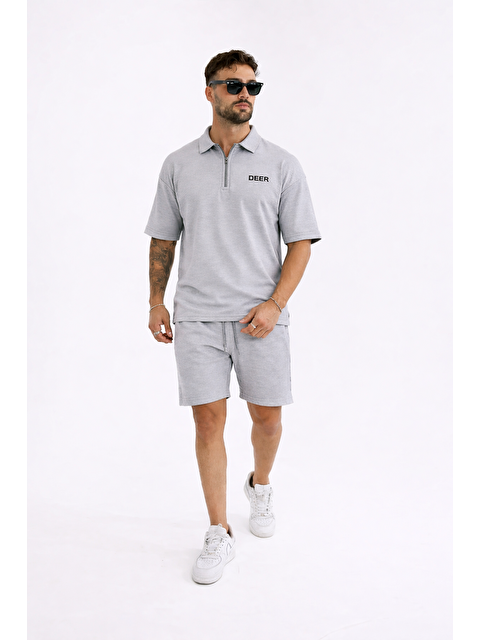 Comstar Erkek Polo Yaka Tişört Bol Şort Gri Yazlık İkili Takım