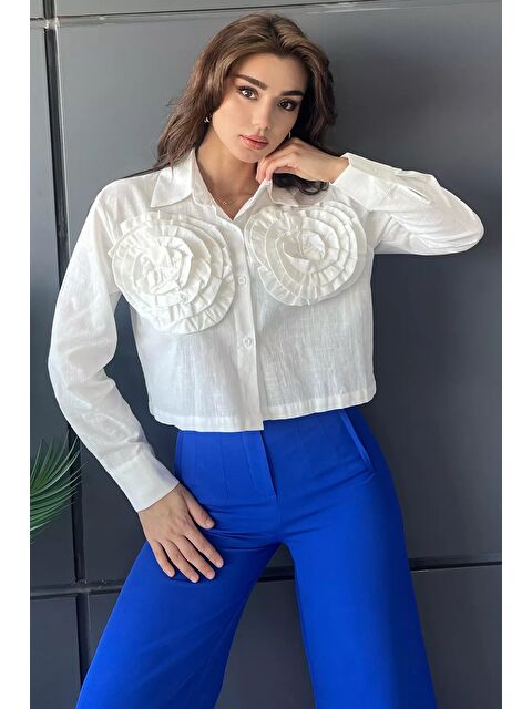 Gülseli Çiçekli Keten Crop Top Gömlek - S000299692-19966