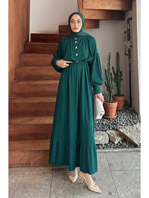 Lamelif Gold Düğme Detaylı Krinkıl Elbise Zümrüt Yeşili - S000517722-18709