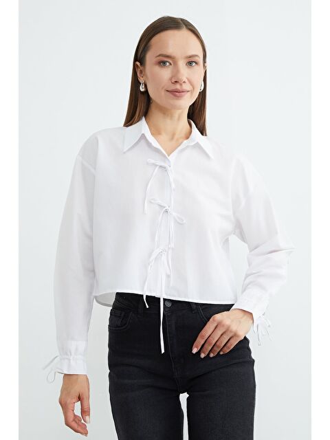 Fullamoda Önü Bağlamalı Düğmeli Crop Gömlek - S000518220-20063