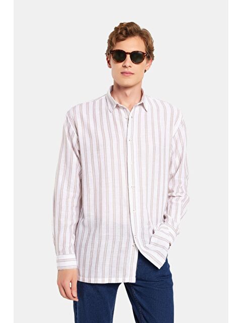 TUDORS Relax Fit Oversize Dökümlü Rahat Kesim Çizgili Keten Spor Erkek Gömlek - S000520106-23173